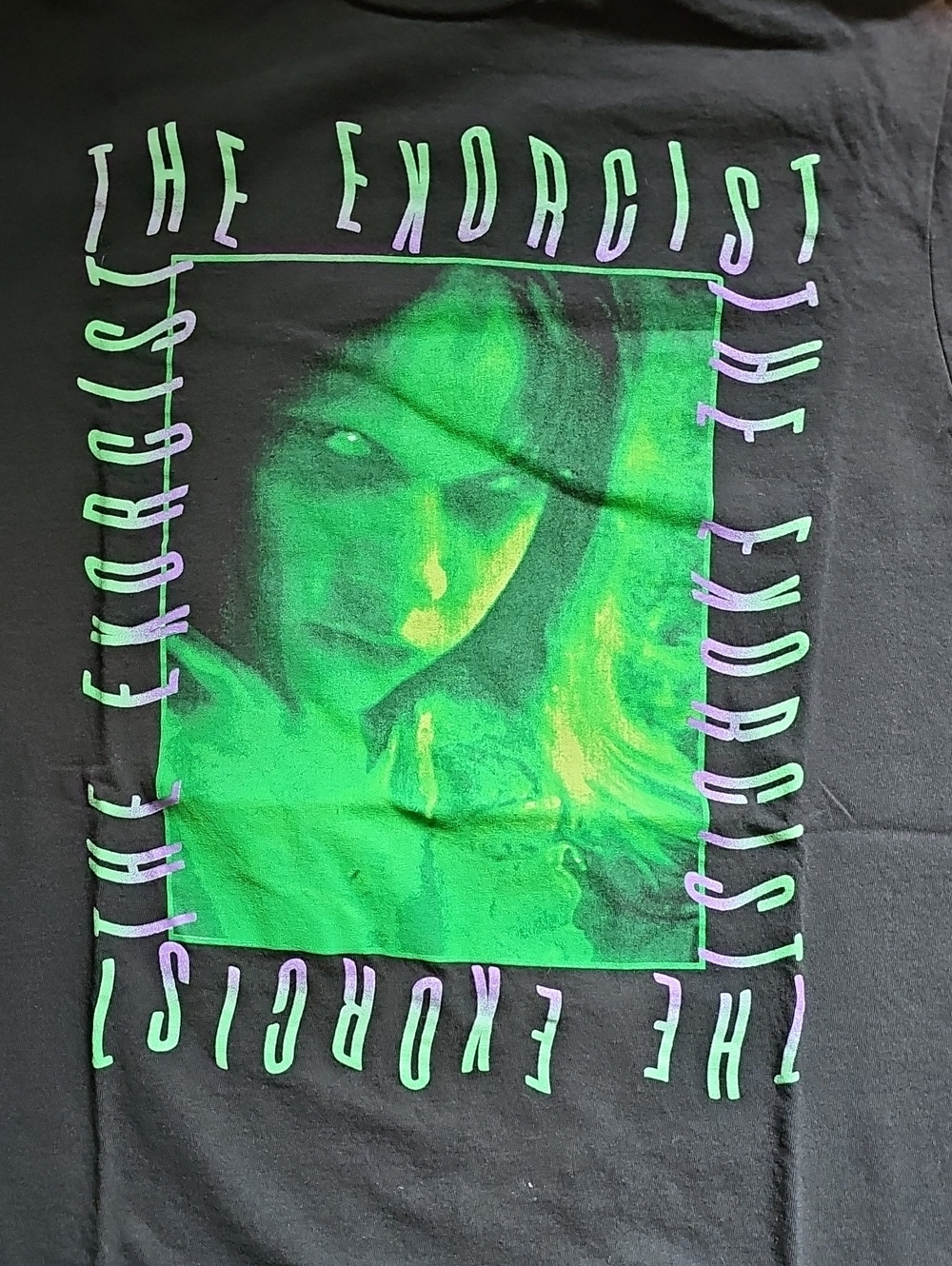The Exorcist Graphic Tee — Black with Neon Green & Purple Print Md